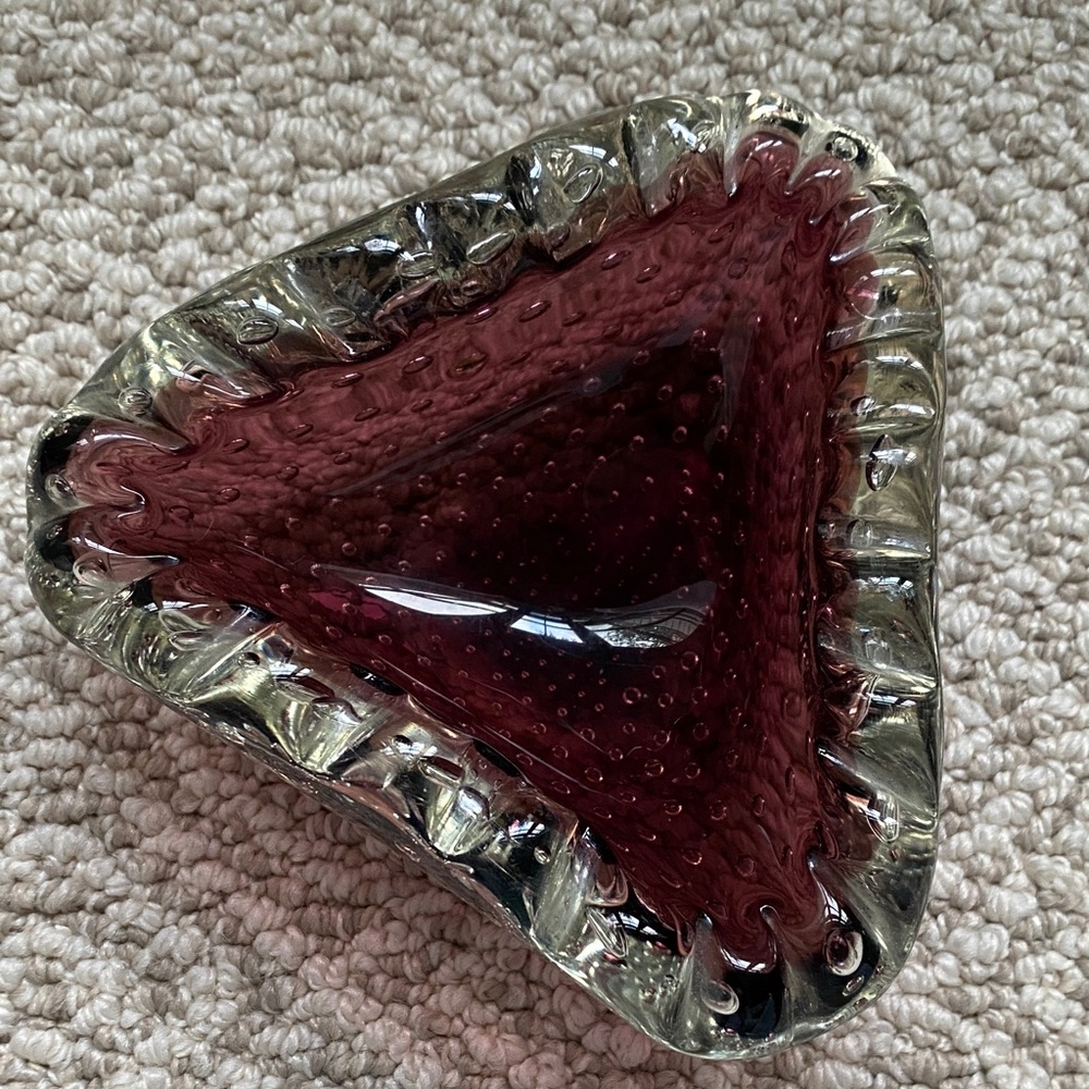 Vintage Triangular Murano Glass Bowl in Amethyst with Clear Rim